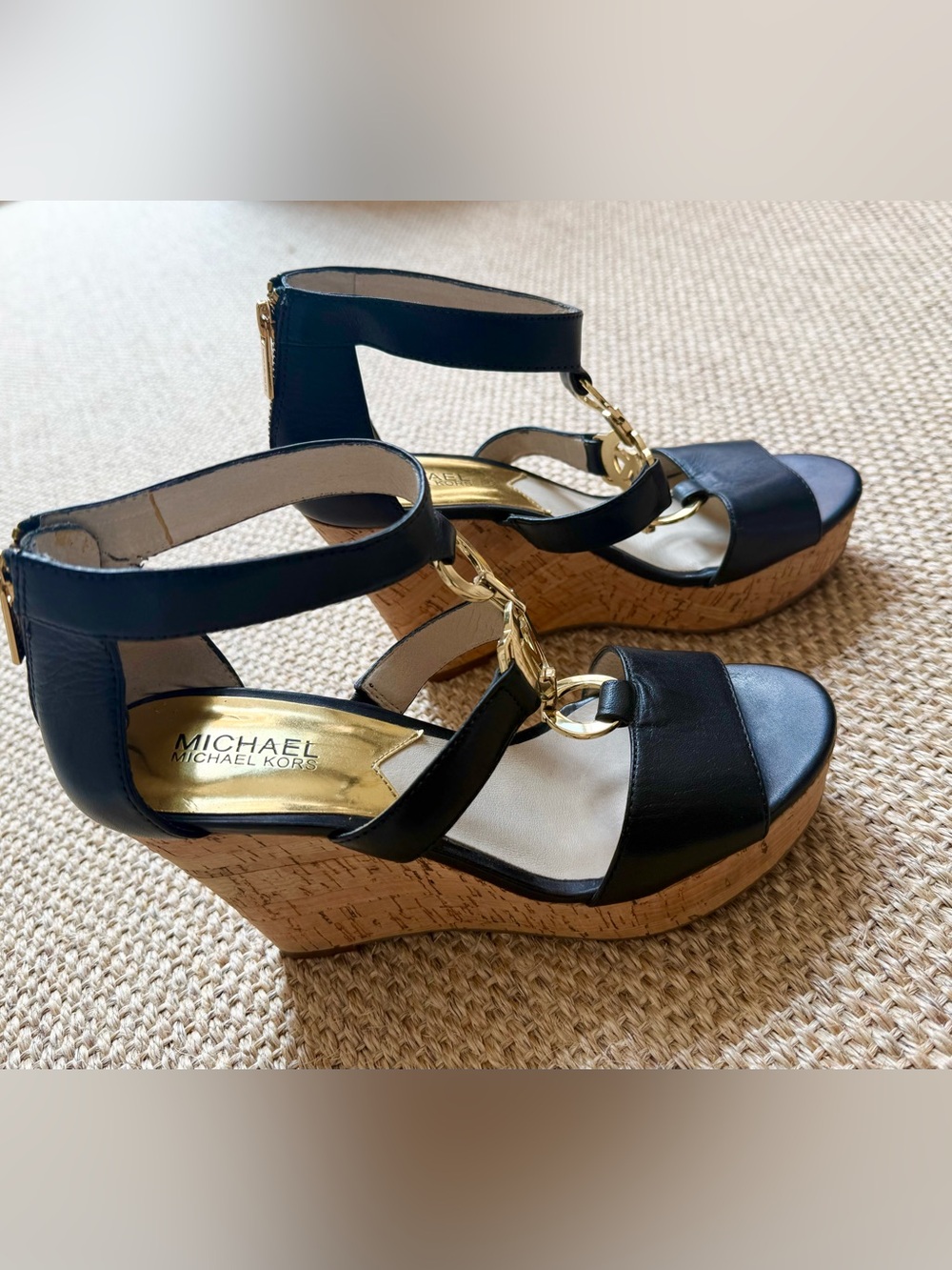 Michael Kors Black Leather Cork Wedge Sandals Size 8 Gold MK Logo Platform Heels